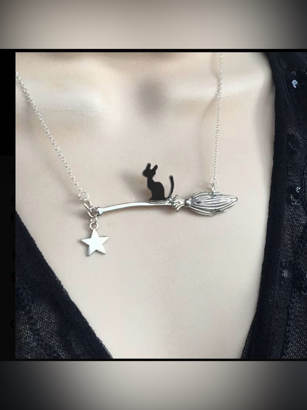 Silver Cat on Broomstick Necklace with Star Charm - Black & Silver